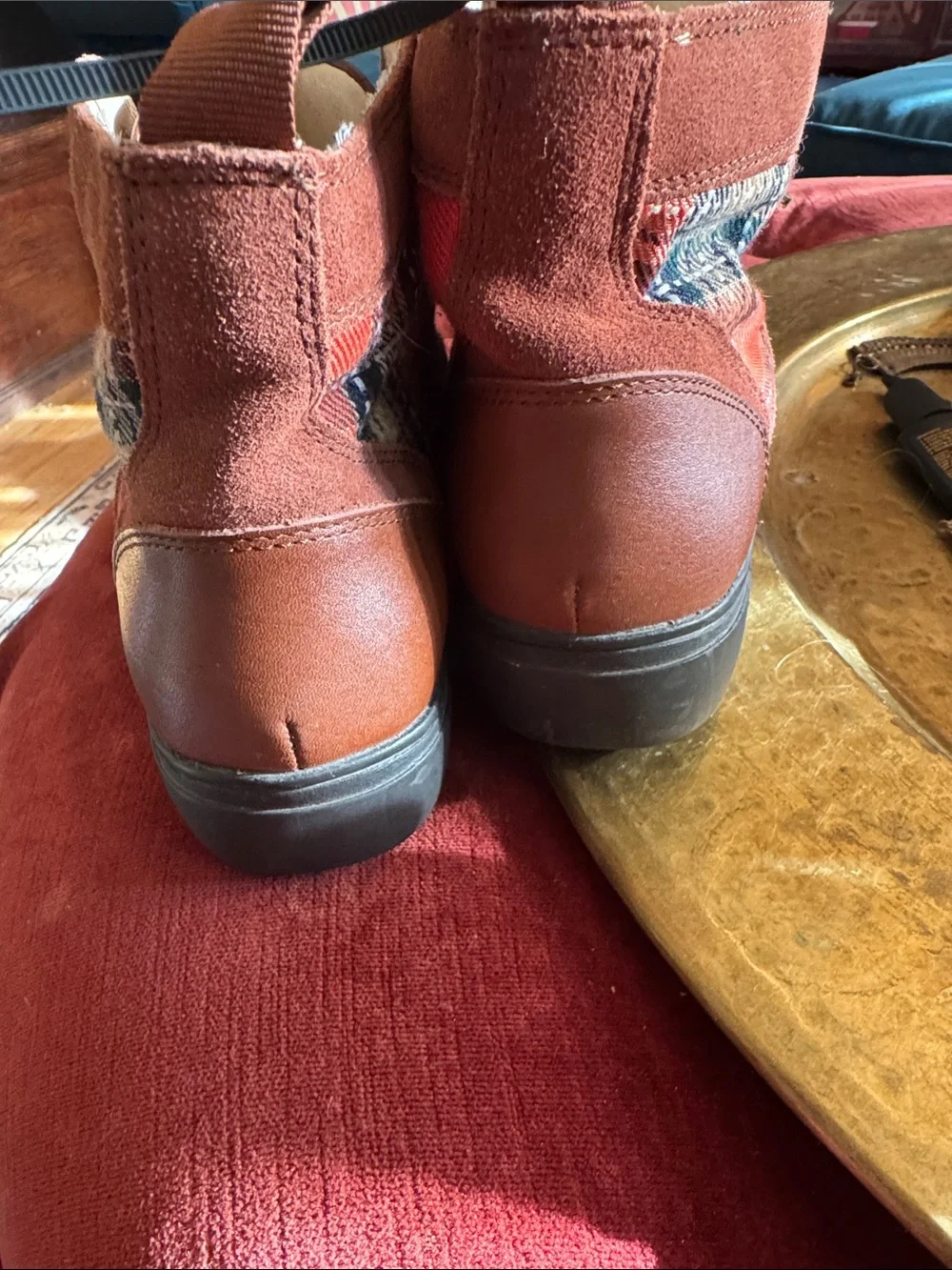 Alegria Brown Leather Ankle Boots with Orange Plaid Panels and Yellow Laces